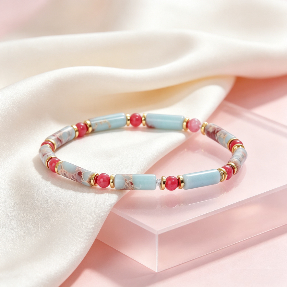 Natural Shoushan Stone & Rhodonite Cylinder Beaded Bracelet, Peaceful Mind